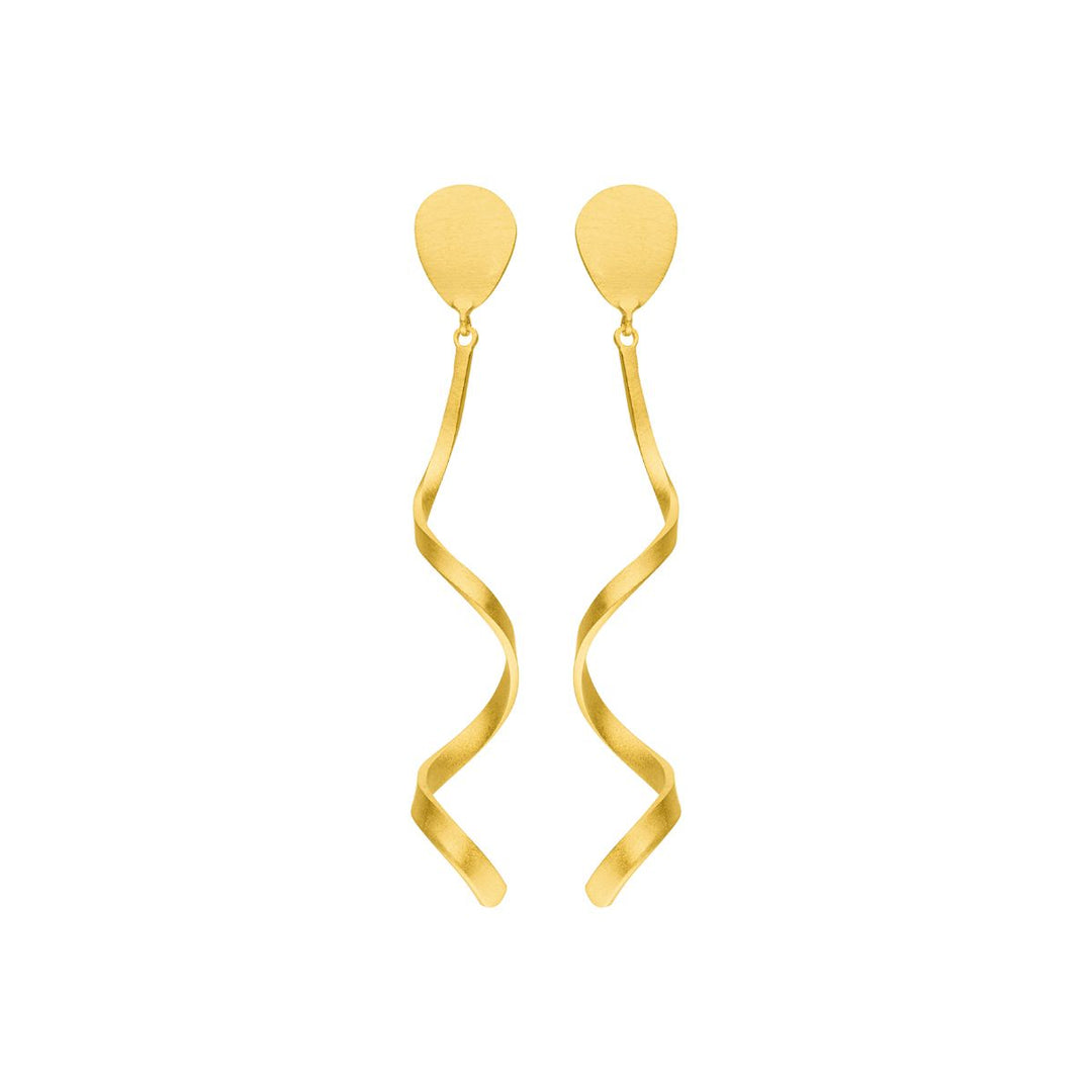 Tezer Spiral Twist Earrings featuring gold-plated, teardrop-shaped studs and long, wavy spiral dangles, displayed against a plain white background.