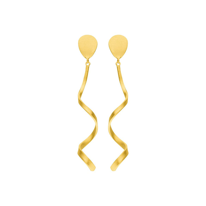 Tezer Spiral Twist Earrings featuring gold-plated, teardrop-shaped studs and long, wavy spiral dangles, displayed against a plain white background.