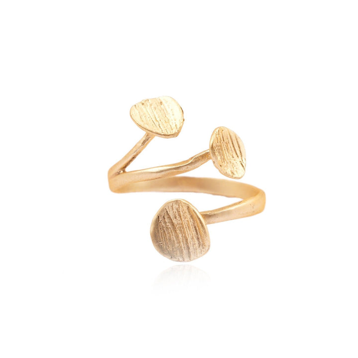 The Rachel Ring by Watermelon Tropical, a gold plated sterling silver ring with a unique, modern design, features three irregular, textured, pebble-like shapes at varying heights. The band splits to support each shape, creating an open, adjustable look. The surface of the shapes has a brushed, rustic finish.