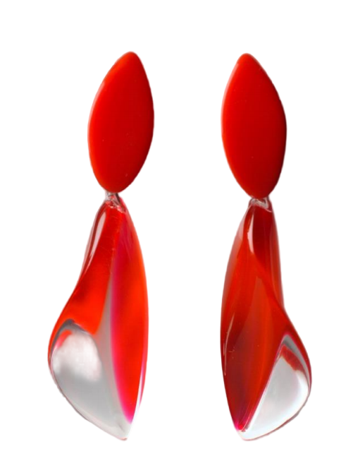 Acrylic Red Twist Earrings by MX.design feature a glossy red oval top and a wavy, translucent red-and-clear lower section, shown on a white background.