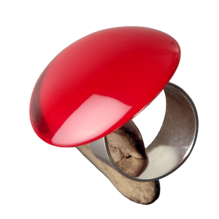 The MX.design Acrylic Fluorescent Red Oval Ring features a glossy red oval stone on an adjustable sterling silver band with a beige wood or stone accent under the centerpiece.