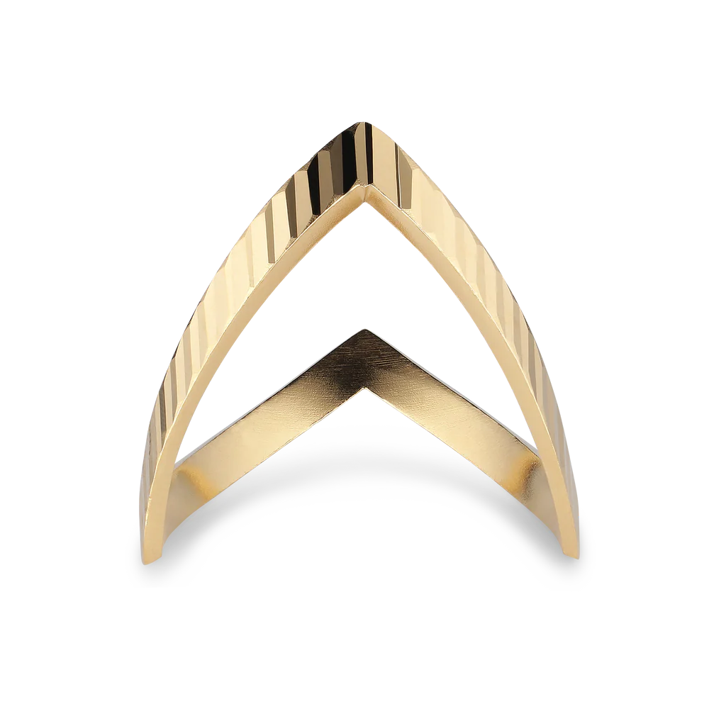 The Jane Koenig Reflection V ring features a gold-plated, chevron-shaped design with a pointed peak and polished, textured surface, shown against a white background.