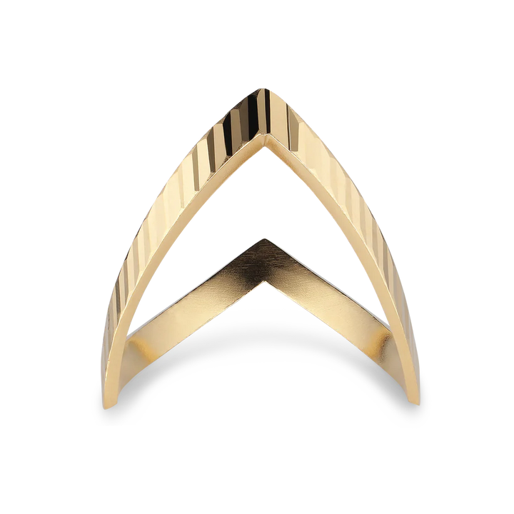The Jane Koenig Reflection V ring features a gold-plated, chevron-shaped design with a pointed peak and polished, textured surface, shown against a white background.