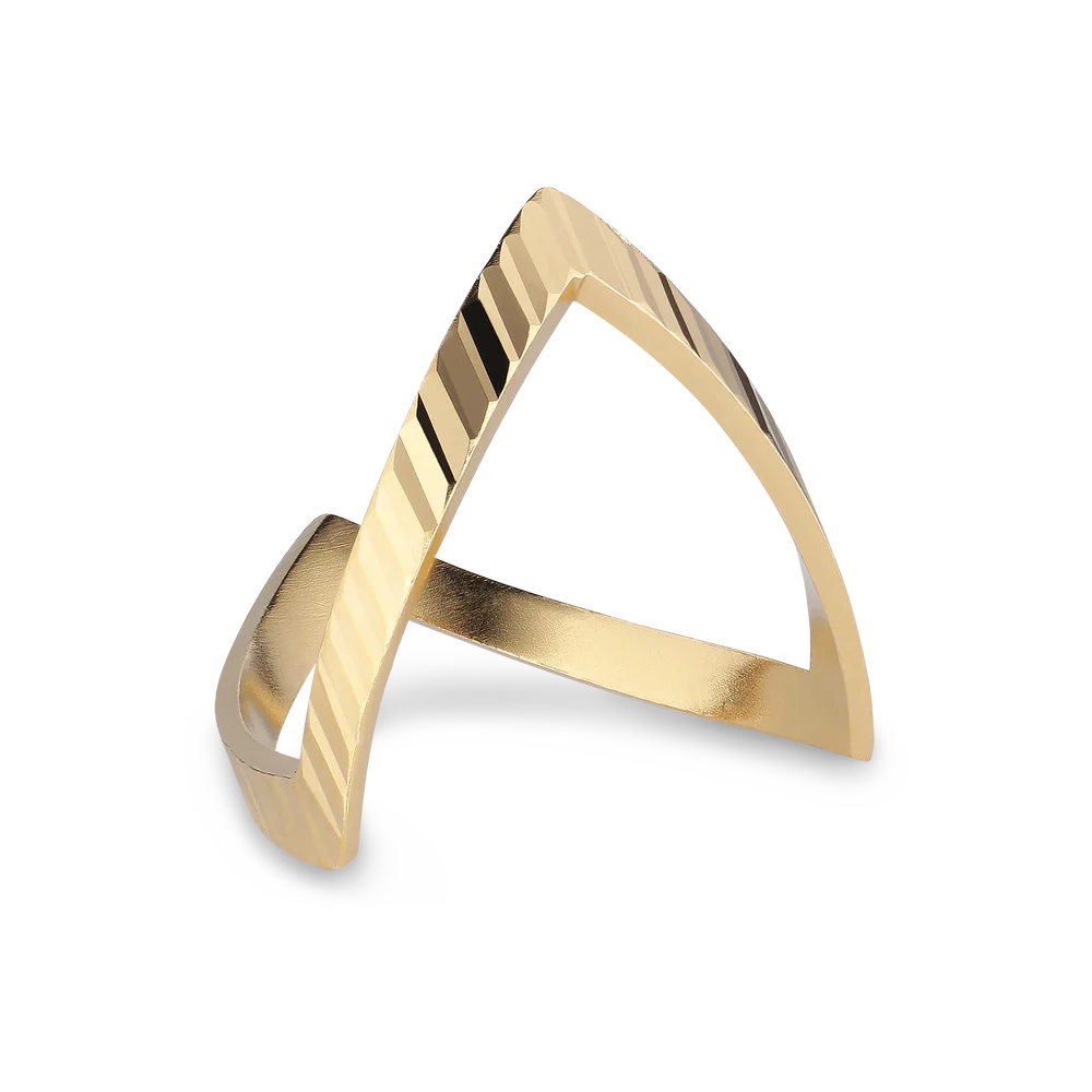 The Reflection V ring by Jane Koenig is a modern gold-plated piece with an open triangular design and a textured, striped side, shown on a plain white background.