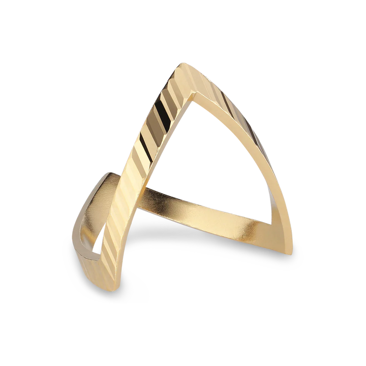 The Reflection V ring by Jane Koenig is a modern gold-plated piece with an open triangular design and a textured, striped side, shown on a plain white background.