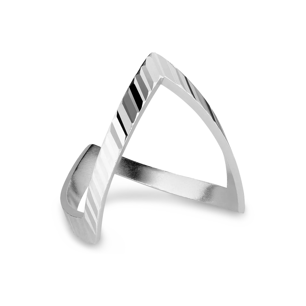 The Reflection V ring by Jane Koenig is a modern, minimalist sterling silver piece with a geometric open triangle design and polished edges, shown on a plain white background.