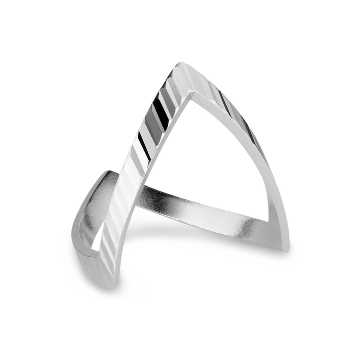 The Reflection V ring by Jane Koenig is a modern, minimalist sterling silver piece with a geometric open triangle design and polished edges, shown on a plain white background.
