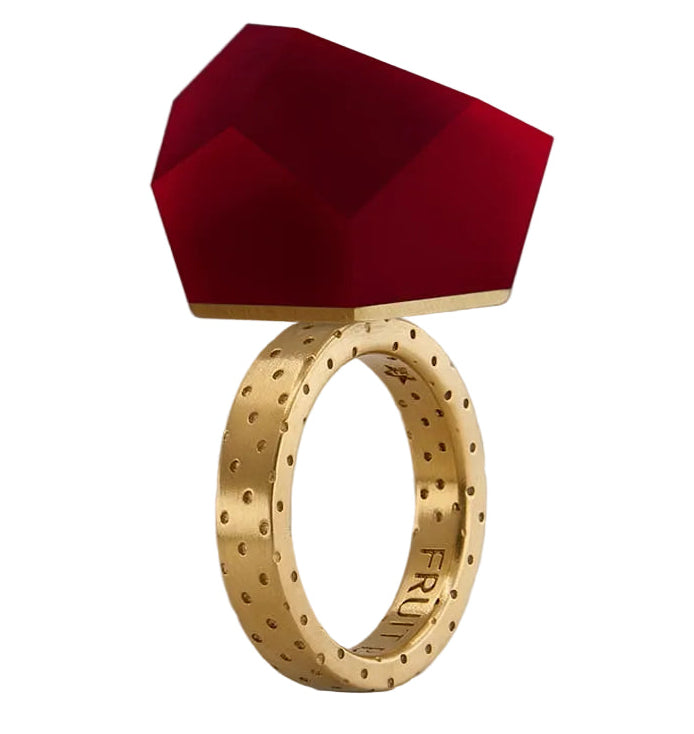 A Fruit Bijoux Ring with a dotted band and the VU Crystals Cherry Red Ring Top is shown on gray. Text says “24mm Cherry Red Ring Top” above and “Dots Ring Band” below. Part of the exclusive Fruit Bijoux collection.