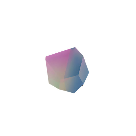 The Fruit Bijoux Ring Top Unicorn by Fruit Bijoux features a faceted geometric design with a smooth pink, purple, blue, and green gradient, resembling gold-plated silver, set against a plain white background.