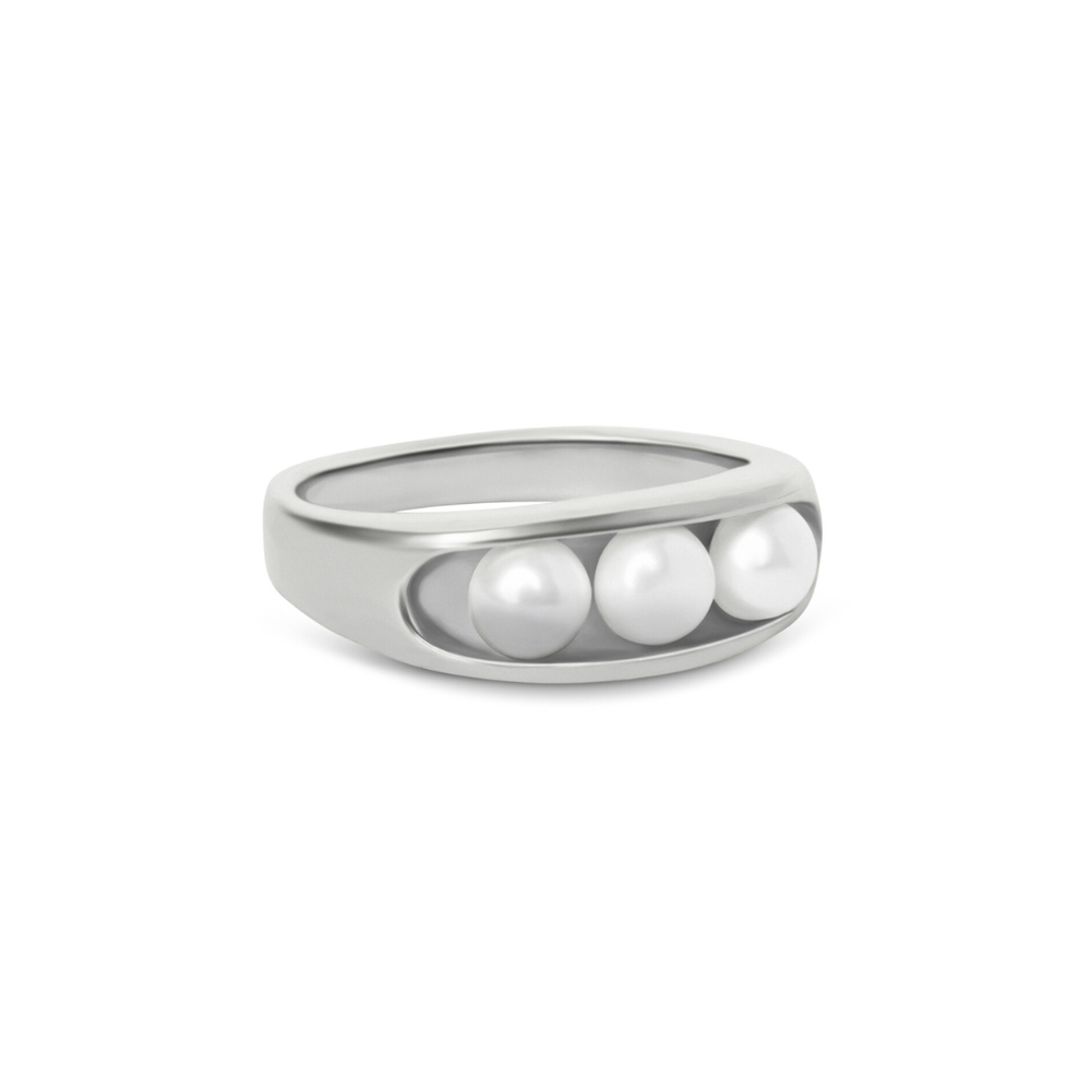 The Sierra Pearl Ring by Gallardo & Blaine Designs features three round white pearls set in a sleek sterling silver rectangular band.