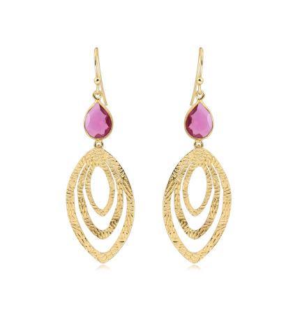 Watermelon tropical's Rose Earrings in Pink Tourmaline feature intricate, textured oval loops with a teardrop-shaped pink tourmaline at the top. The loops are layered within each other, creating an elegant and stylish design.