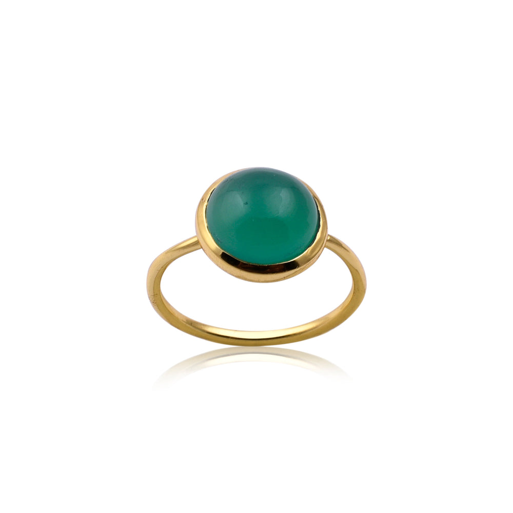 A gold vermeil ring featuring a smooth, rounded Green Onyx gemstone at its center. The gemstone is bezel-set and has a glossy finish, giving it a polished appearance against the shiny gold band. The background is plain white, highlighting the Watermelon tropical Round Green Onyx Gold Ring's intricate details.