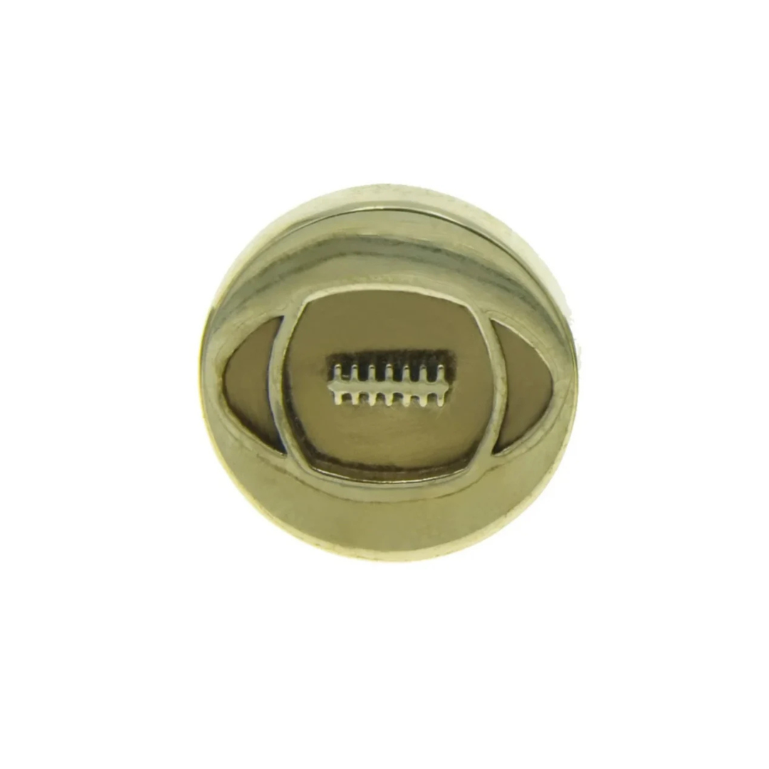 Close-up of a brass Rugby Lapel Pin by Millett Wade shaped like a football, showcasing details such as the stitching along the middle. The custom pin is circular in design and has a hand-finished metallic brass finish.