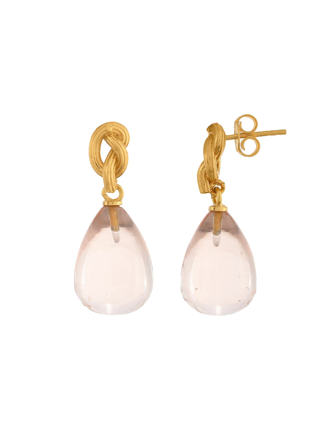 Shyla’s Synthea Earrings in various colours feature gold knot studs and teardrop-shaped, translucent pale pink gemstones—stylish, hypoallergenic earrings ideal for sensitive ears.