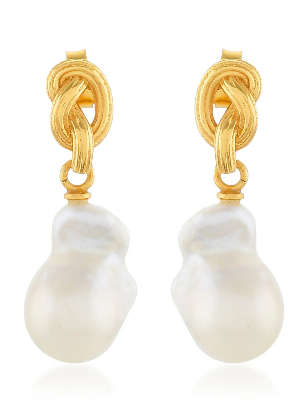 Synthea Earrings by Shyla in various colours, featuring gold knot design with dangling irregular-shaped white pearls. Elegant and hypoallergenic, they offer timeless style and comfort for sensitive ears, shown on a white background.
