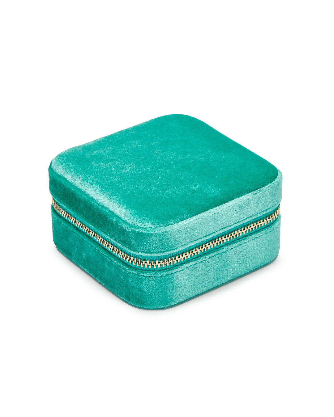 A small, square, teal-colored Luxurious Turquoise Velvet Travel Jewellery Box by SoCases with a golden zipper. The box has rounded edges and is pictured closed, showcasing its soft texture and travel-friendly design.