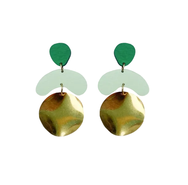 The Shock of Grey Megadrop Earrings in Emerald & Sage feature green teardrop tops, mint curved middles, and large round gold discs, shown against a white background.