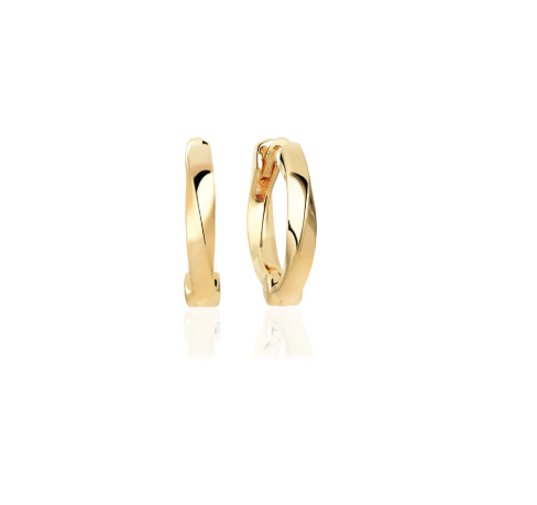 The Ferrara Piccolo Pianura Hoop Earrings by Sif Jacobs are shiny, twisted gold plated earrings displayed against a white background.