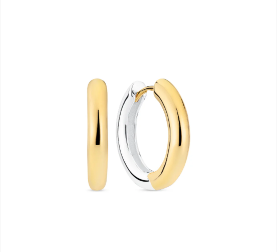 The Sif Jacobs Carrara Pianura Medio Hoop Earrings, one 18k gold plated and the other combining 18k gold and rhodium plating with a smooth, rounded design, are elegantly displayed on a white background.