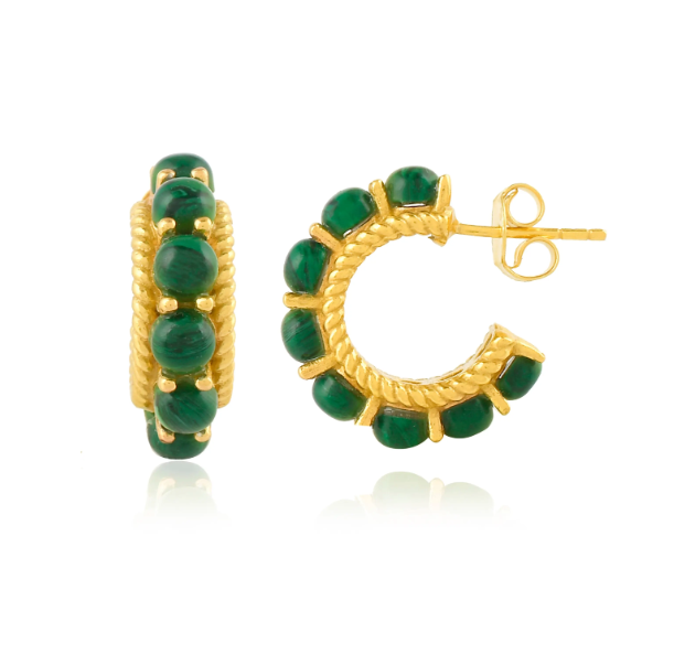 The Rosalia Hoop Earring by Shyla features gold hoops adorned with green stones encircling the outer edge, displayed from both the side and front on a white background. These gemstone hoop earrings add a vibrant touch to classic gold designs, making them ideal for bringing color to your everyday style.