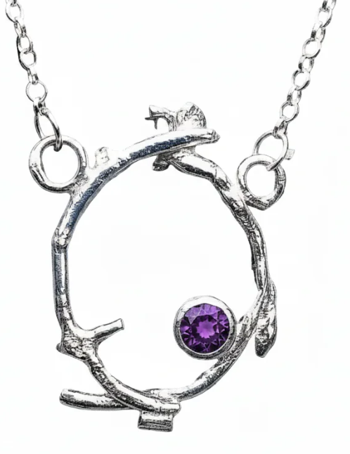 Faerie Crown Pendant Amethyst featuring a sterling silver oval twig branch, a small round amethyst gemstone, and a tiny bird perched at the top, hanging from a silver chain.