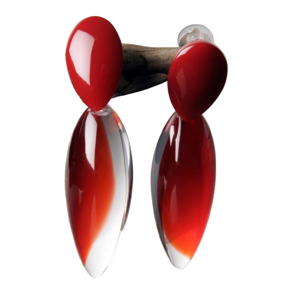 The MX.design Acrylic Two Tone Red Earrings are modern, oval-shaped drops with a glossy red and clear gradient, shown against a white background.
