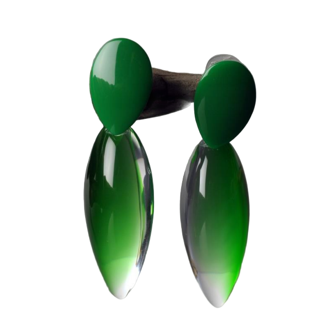 Acrylic Two Tone Green Earrings by MX.design feature glossy oval tops and translucent elongated drops—a chic, handmade French accessory shown on a white background.