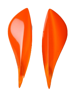 A digital document showcases MX.design's Acrylic Fluorescent Orange Stud Drop Earrings, featuring elongated, curved leaf shapes in pink, fluorescent orange, white, and beige on a wooden background with design variations inset.