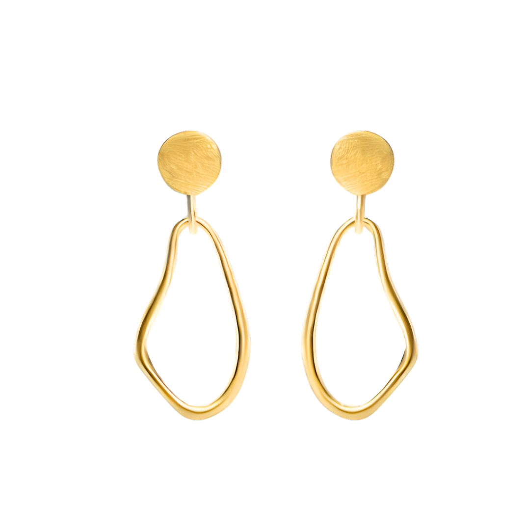 The Sea Honey Drop Earrings by Gallardo & Blaine Designs feature small, round gold vermeil studs with abstract open hoops below, displayed on a white background.