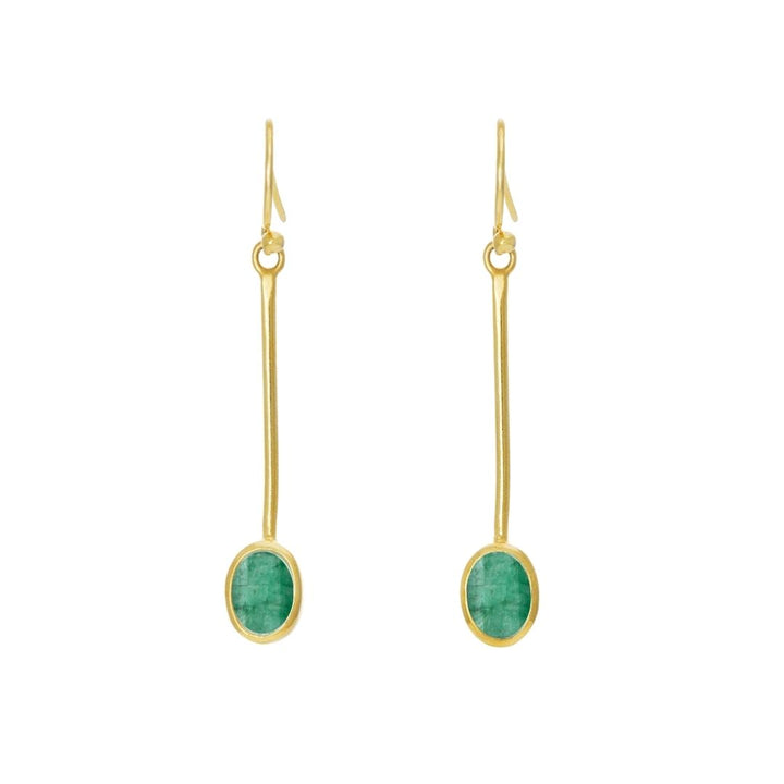 The Sequola Earrings by Gallardo & Blaine Designs showcase minimalist sterling silver rods highlighted with oval green gemstones, offering a timeless charm against a white background.