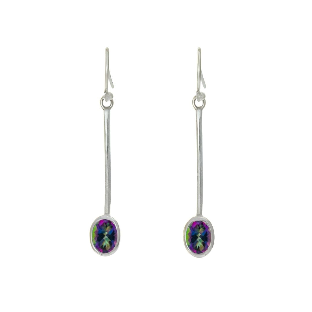 The Sequola Earrings by Gallardo & Blaine Designs feature oval gemstones in green, purple, and blue on long sterling silver hooks, exuding captivating timeless charm.