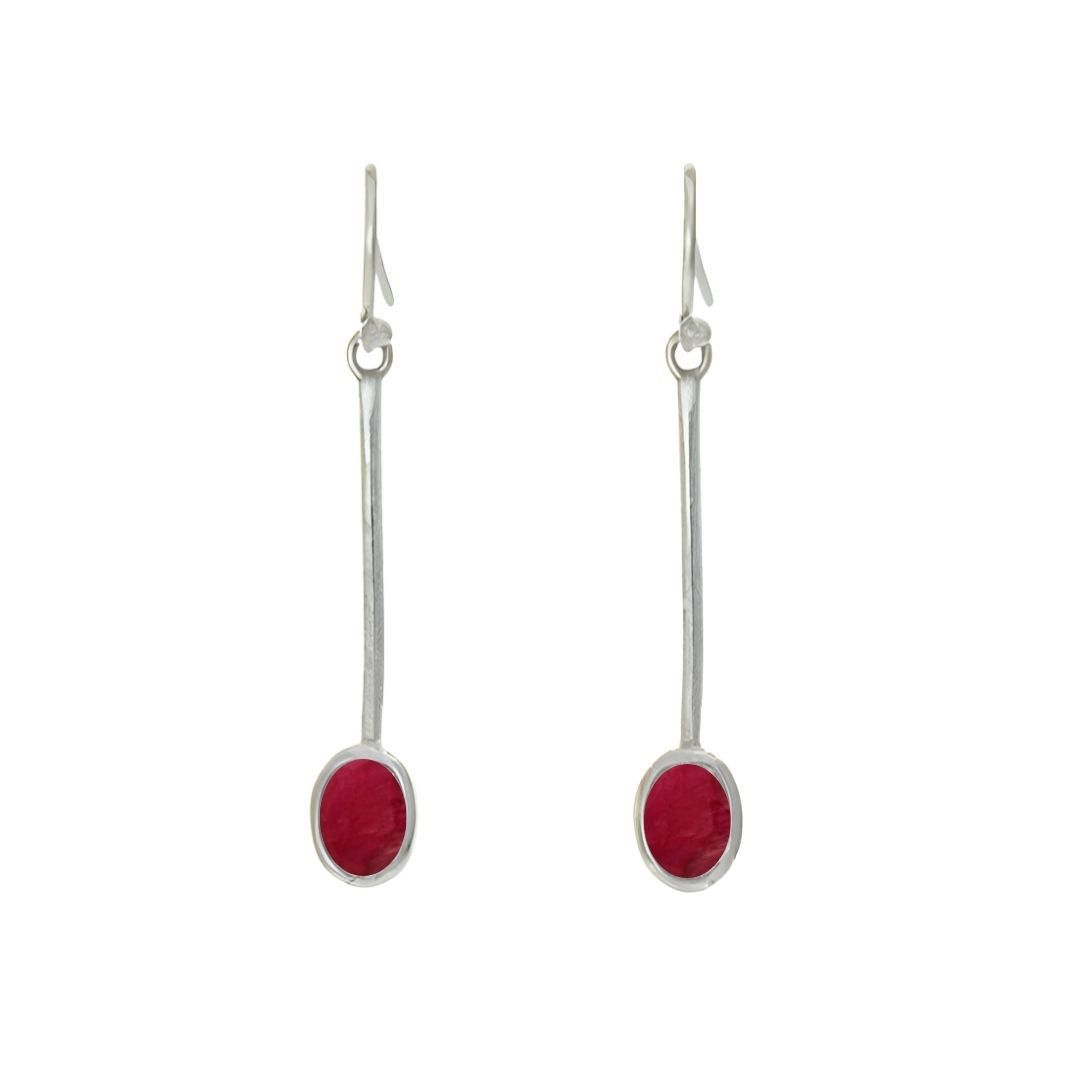 The Sequola Earrings by Gallardo & Blaine Designs feature oval-shaped red gemstones and long, slender sterling silver hooks, exuding timeless charm.