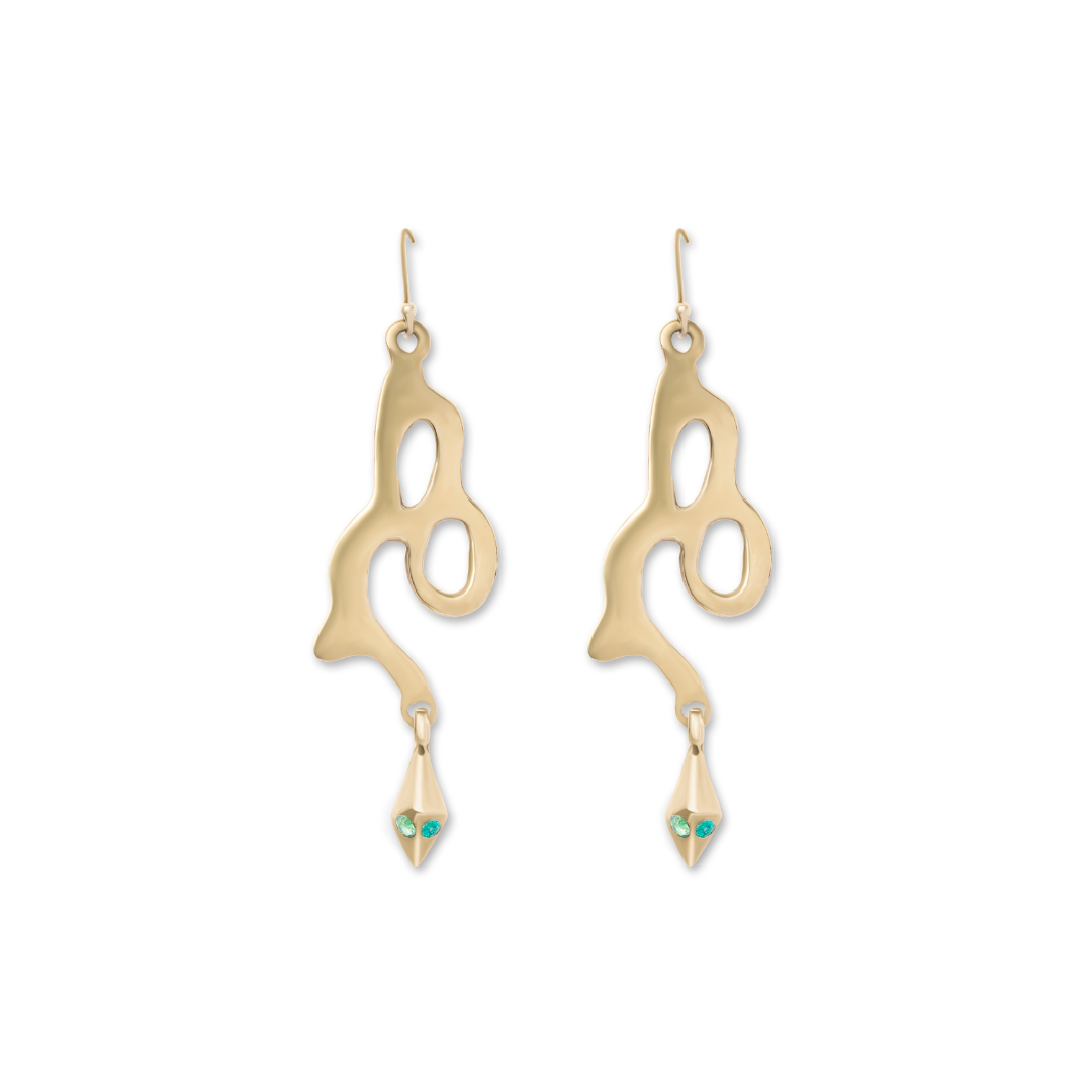 The Serpent Earrings by Madeleine Sculptural Jewellery feature abstract gold drops with organic shapes and small turquoise stones at the tips, highlighting handmade craftsmanship against a white background.