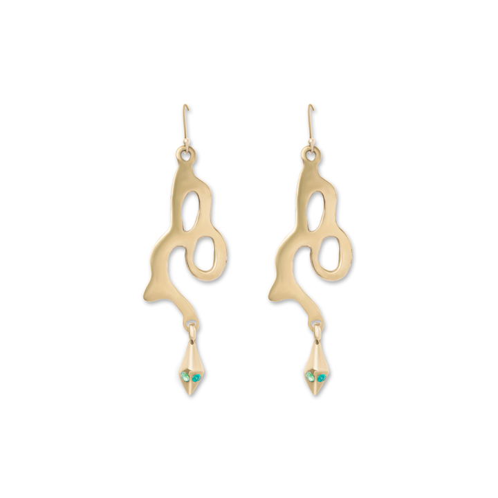 The Serpent Earrings by Madeleine Sculptural Jewellery feature abstract gold drops with organic shapes and small turquoise stones at the tips, highlighting handmade craftsmanship against a white background.