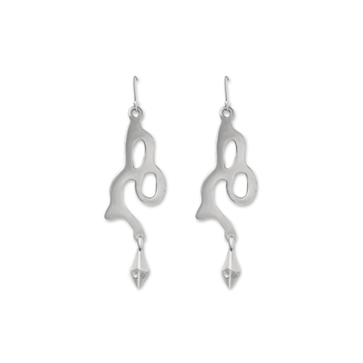 The Serpent Earrings by Madeleine Sculptural Jewellery are abstract silver dangle earrings with fluid, organic shapes and geometric drops, featuring hook fastenings for easy, sustainable style.