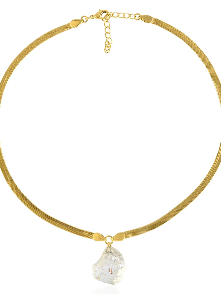Serpentine flat gold plated adjustable snake chain with a raw crystal pendant