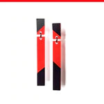 A pair of rectangular Alex + Svet Lenny post & drop earrings featuring geometric patterns in red and black, each with a small metallic loop at the top for attachment. Handcrafted in Paris, the design includes a diagonal division of colors, creating a striking retro-futuristic visual effect. Displayed against a white background.