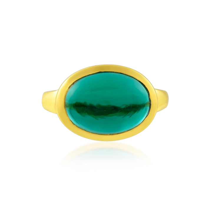 The Shyla Sian Gold Plated Ring features a large, oval green gemstone set in a simple polished yellow gold band, offering minimalist elegance and displayed on a white background.