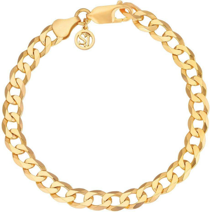 The Sif Jacobs Armore Bracelet features gold-plated, flat interlocking curb links, a lobster clasp, and a small round engraved charm. Shown on a white background.