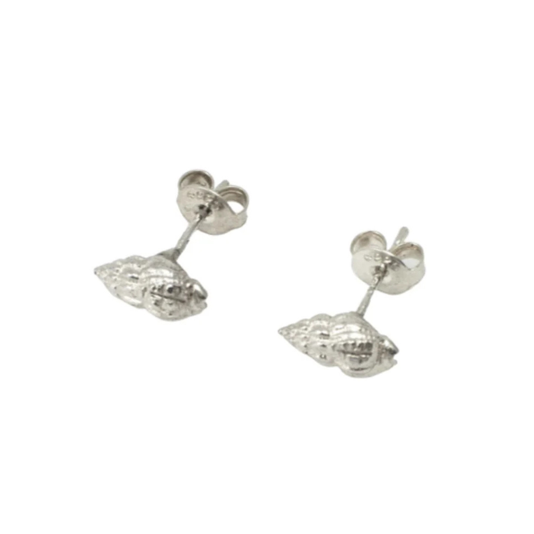 Silver stud earrings featuring intricate whelk shell designs, each with butterfly backings. These tiny earrings have a reflective, polished finish, enhancing their detailed, textured appearance. The Whelk Shell Stud Earrings by Jennifer Kinnear are a perfect addition to any shell collection.
