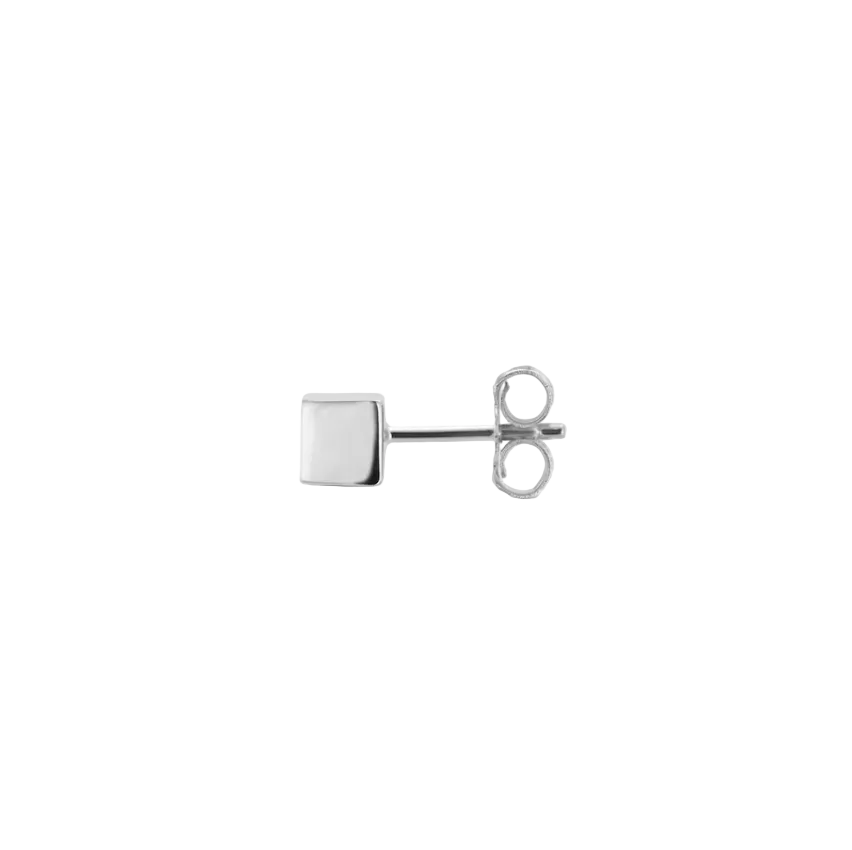 A single silver stud earring with a square flat front and post, shown from the side on a white background.