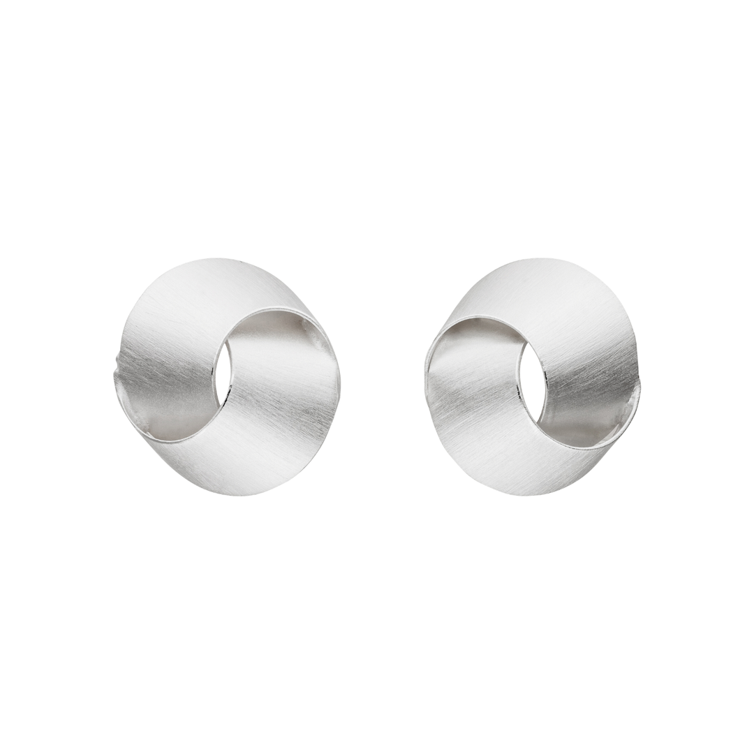 Tezer Silver Knot Earrings: modern circular studs with a smooth, brushed finish and a subtle twisted knot design, shown on a white background.