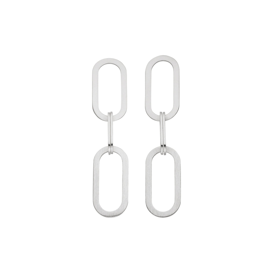 Tezer's Silver Paperclip Link Earrings feature a minimalist, modern design with two linked elongated ovals per earring, showcased against a plain white background.