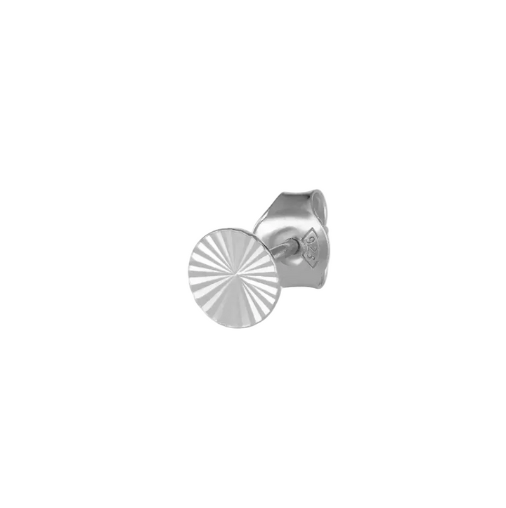 A silver round embossed stud earring on a plain white background.