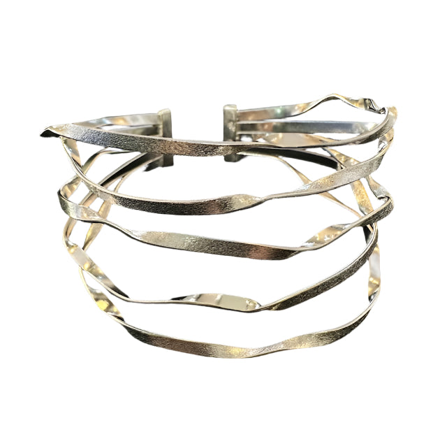Silver cuff style bracelet with five twisted wire strands.