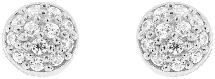 The Tezer Stud Earrings with Cubic Zirconia are round cluster studs crafted in sterling silver, each adorned with numerous sparkling cubic zirconia stones arranged in concentric circles.