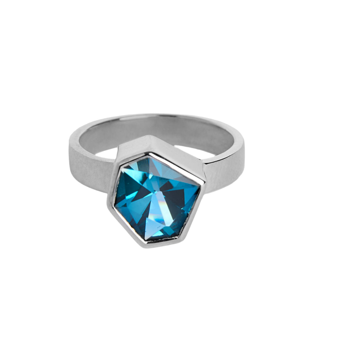 Silver geometric ring with blue topaz 4mm flat band size M