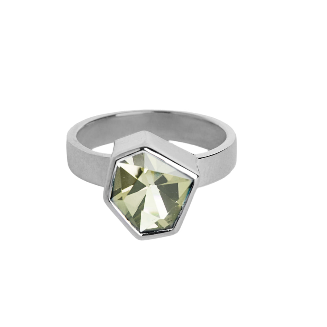 Silver ring with large, irregular hexagonal green amethyst in a silver bezel. Band is flat and 5mm wide. 