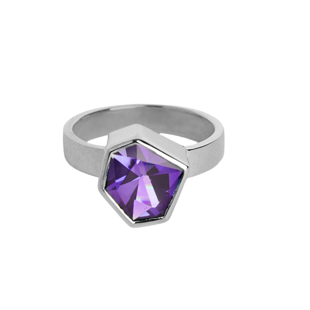 Silver geometric ring with purple amethyst 4mm flat band size M