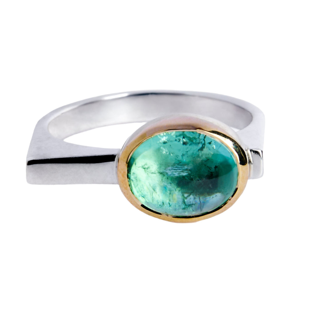 Green Tourmaline Silver Ring with 9ct Yellow Gold Bezel